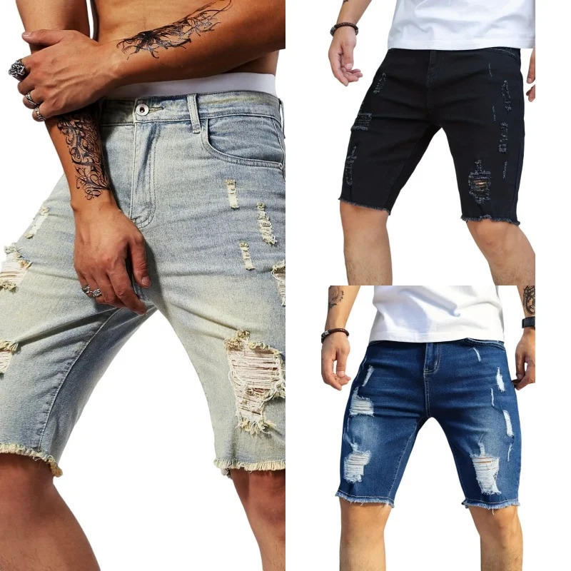 Summer Ripped Jeans Men Stretch Denim Shorts Male Short Jeans Slim Straight Shorts Fashion Black Jeans Man Clothes Streetwear 260623