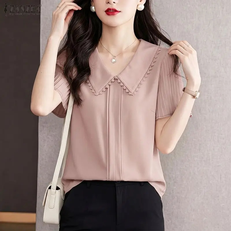2026 ZANZEA Summer Elegant V Neck Short Sleeve Blouse Office Shirt Women OL Work Tops Female Holiday Blusas Tunic Mujer Oversize 260623