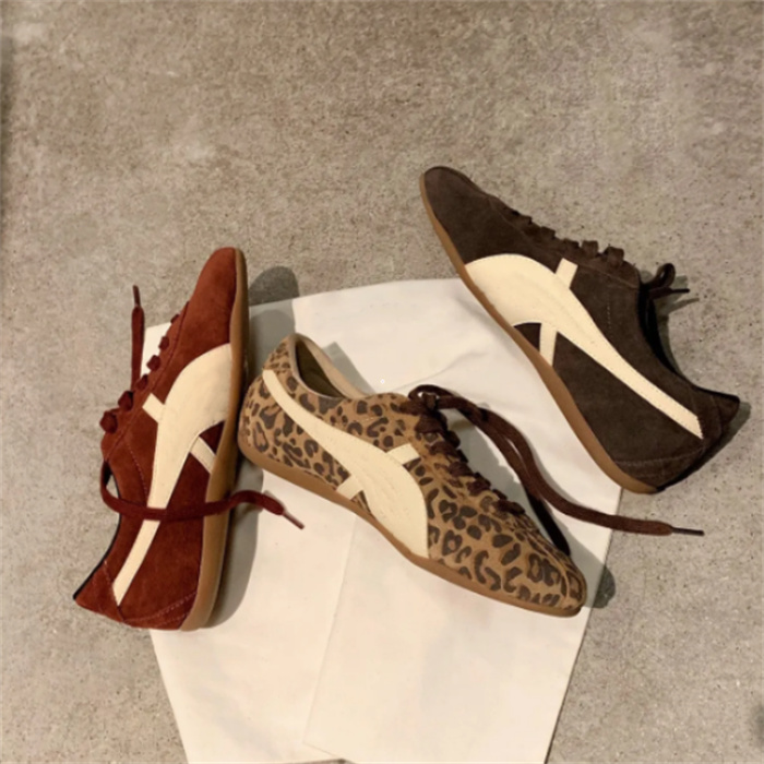 Fashion Luxury Dress Shoes Designer Women's Retro Suede Lace-up Sneakers Contrast Stripe Leopard Print Flat Casual Shoes