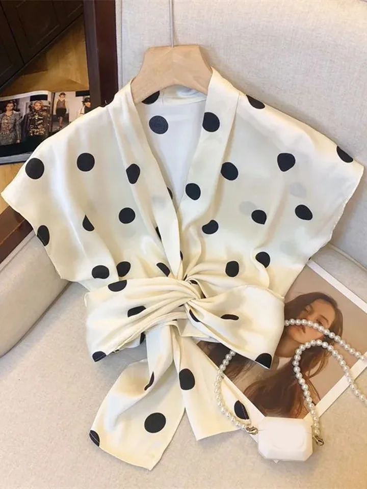 Sexy Cropped Dot Shirt Women Vintage Slim V Neck Short Sleeve n Blouse French Retro Casual Bow Lace Up Summer Elegant Tops 260623