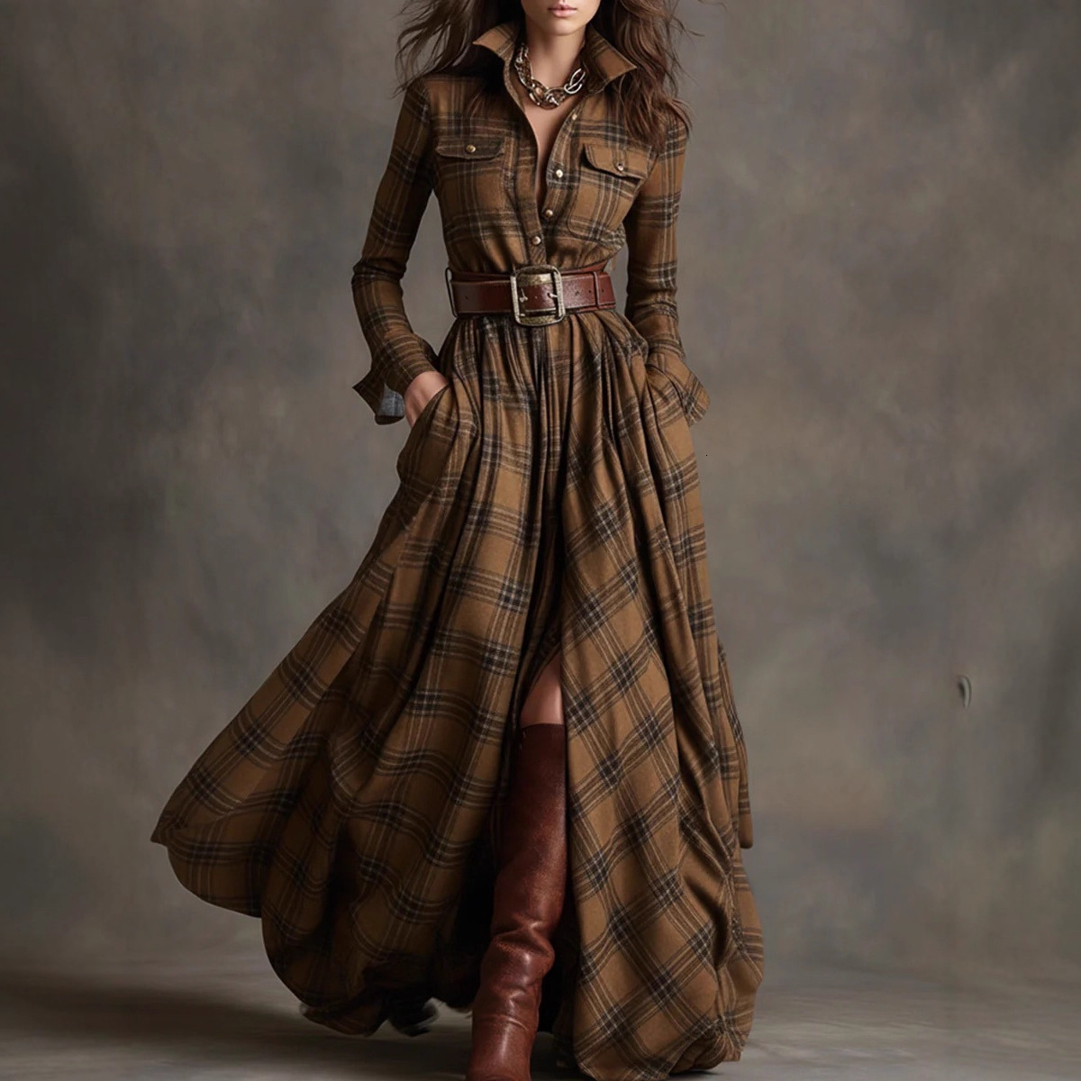 French Retro Plaid Print Slit Long Dresses Woman Elegant Turn-down Collar Button Maxi Dress Autumn Long Sleeve Pocket Boho Dress
