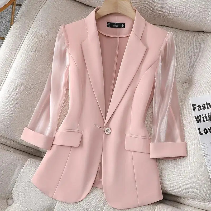 Temperament Summer Womens Notched Solid Gauze Patchwork Single Button Simplicity Office Lady Slim Three Quarter Blazers Tops 260624