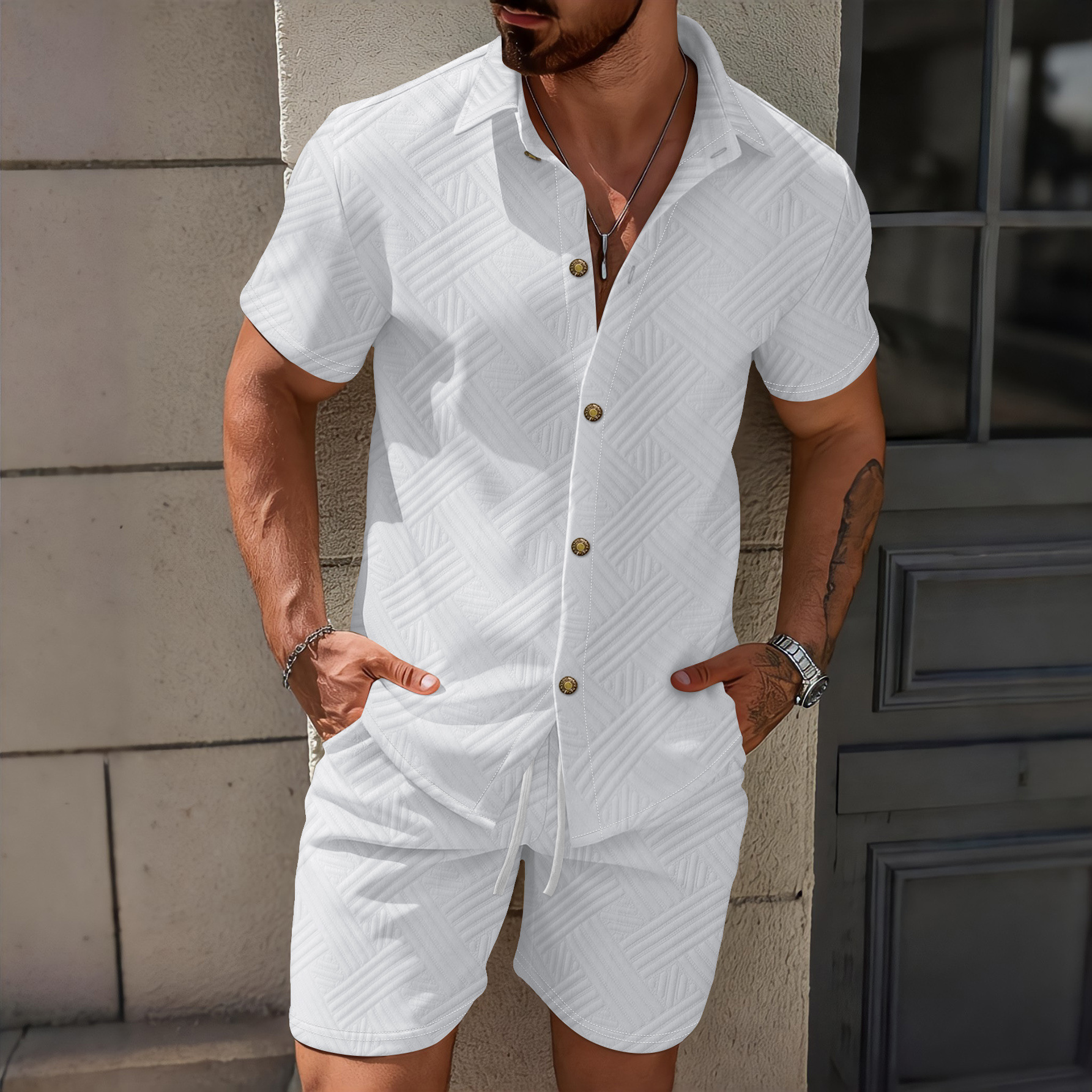 Clothing Summer New Style Jacquard Fabric Men's Casual Sports Shirt With A Turn-Down Collar, Vacation Short-Sleeve Suit