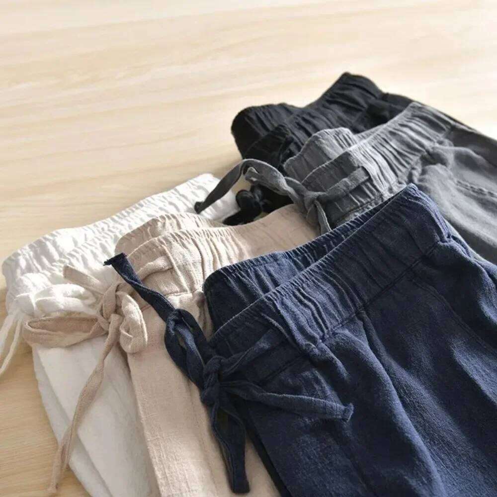 Pantaloni sportivi da uomo in cotone e lino casual larghi streetwear pantaloni sportivi tinta unita pantaloni lunghi dritti alla moda per uomo W2606