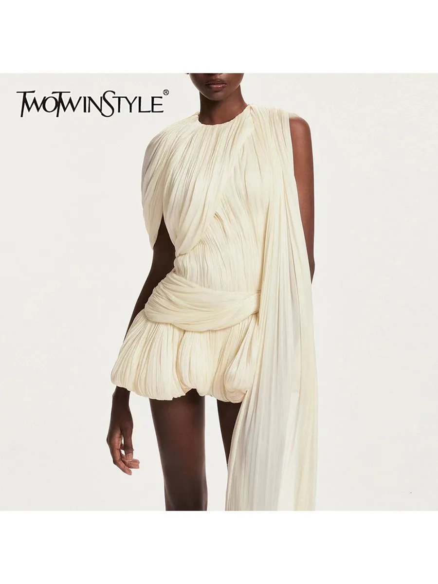 TWOTYLE Solid Spliced Mesh Mini Dresses For Women O Neck Sleeveless High Waist Temperament Mini Dress Female Fashion 260623