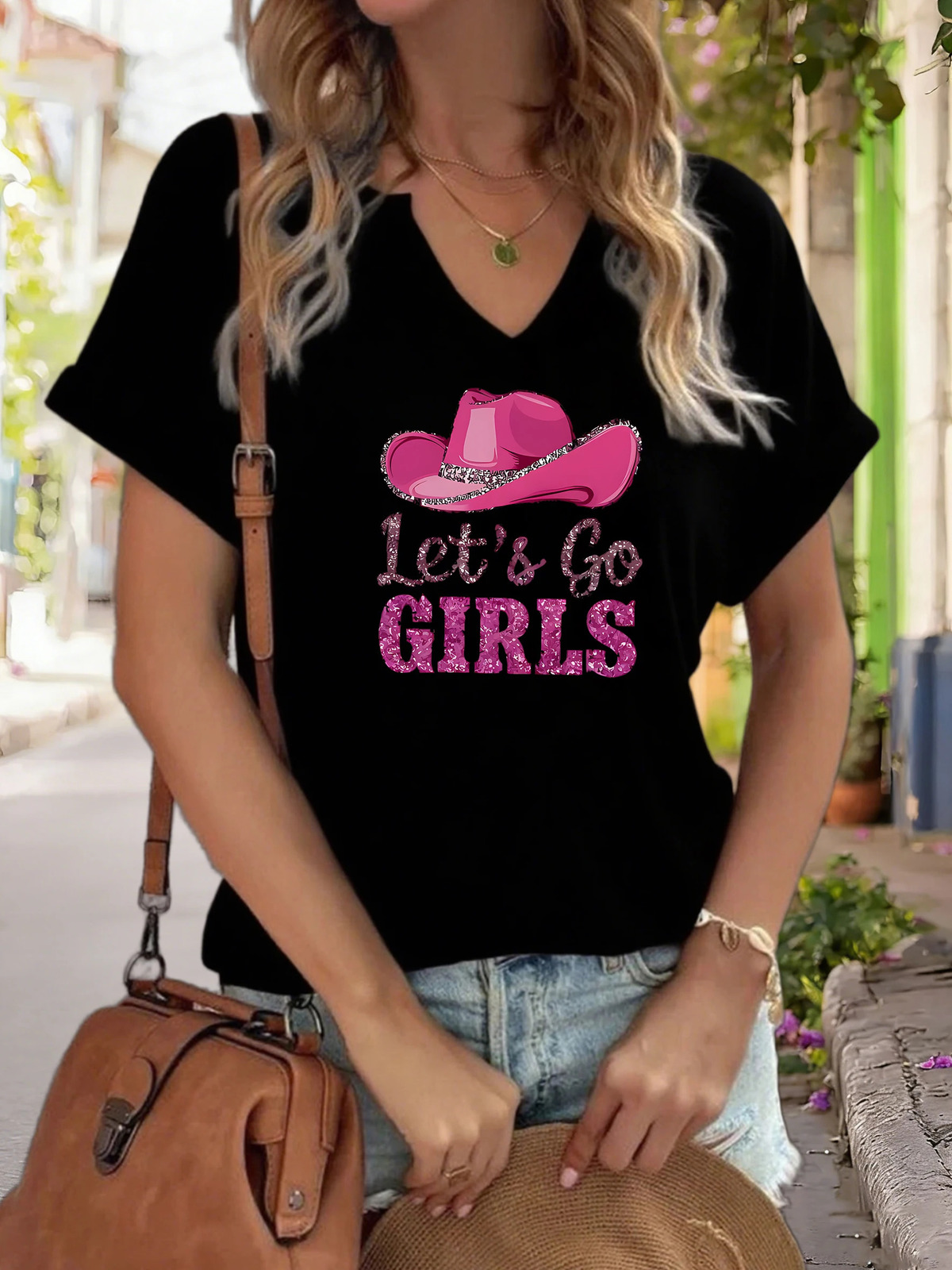 Womens V-Neck Lets Go Girls Graphic Tee Pink Cowboy Hat Print T-Shirt Casual Short Sleeve Western Style Top 260617