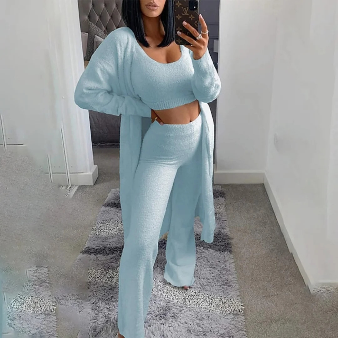 Woman Knitted Three Piece Set Long Cardigan and Crop Top Wide Leg Pants Casual Loungewear for Autumn Winter 260623