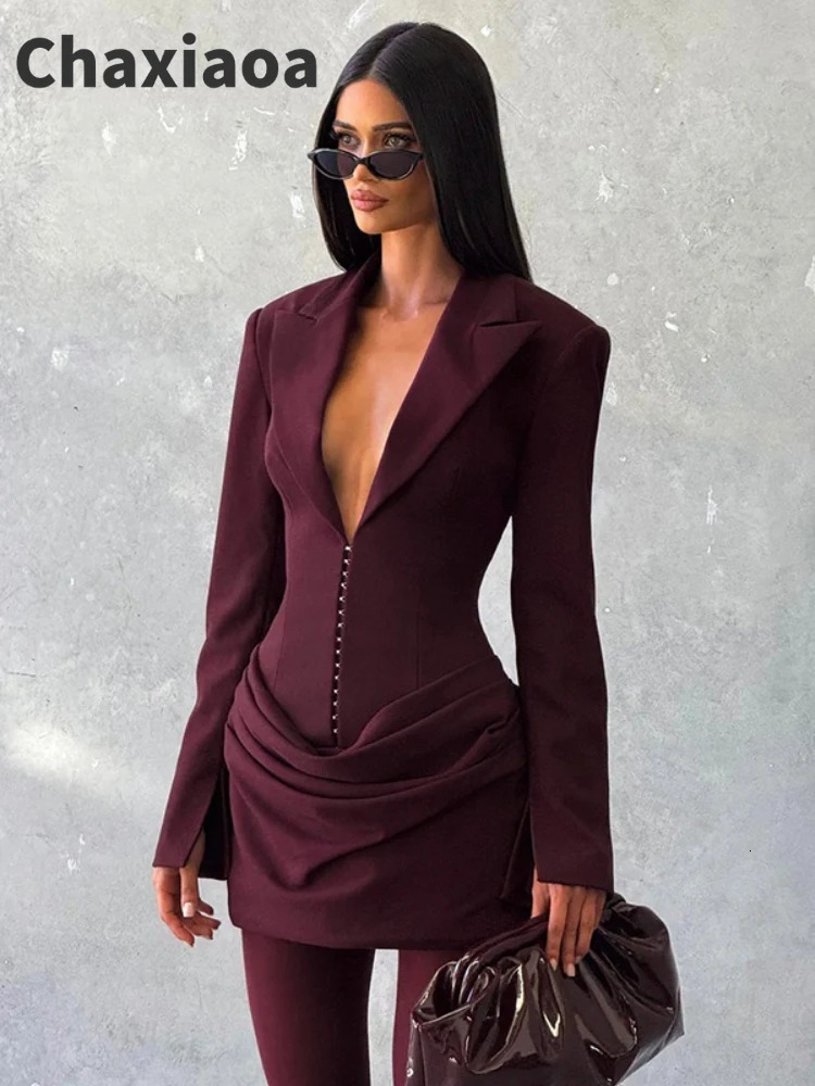 Chaxiaoa Long Sleeve Deep V Neck Ruched Sexy Mini Dress Women Autumn Winter Fashion High Waist Club Party Blazer Dresses Female 260623