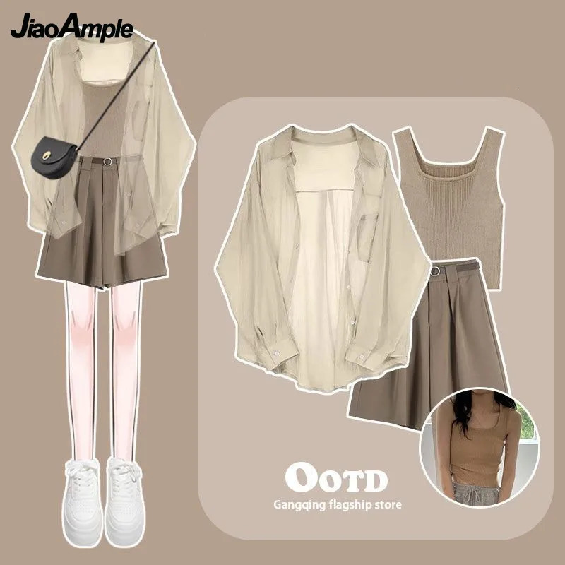 Womens Tracksuit Suit 2026 Summer Casual Sunscreen Shirt Top Vest Shorts Three Piece Korean Chic Blouse Pants Matching Set 260623