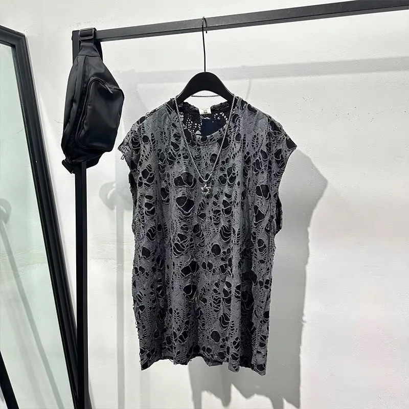 Summer Hollow Out Ripped Hole Punk Tank Top Men Vintage Hip Hop Sleeveless Shirt Streetwear Plus Size 5XL 260624