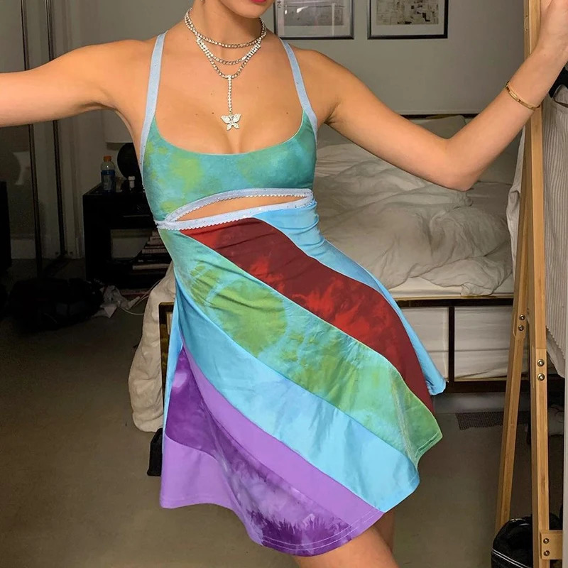 Sexy Women Y2K Mini Dresses Vintage Patchwork Beach Summer Backless Dress Elegant Lady Boho Outfits Evening Party Clothes 260623