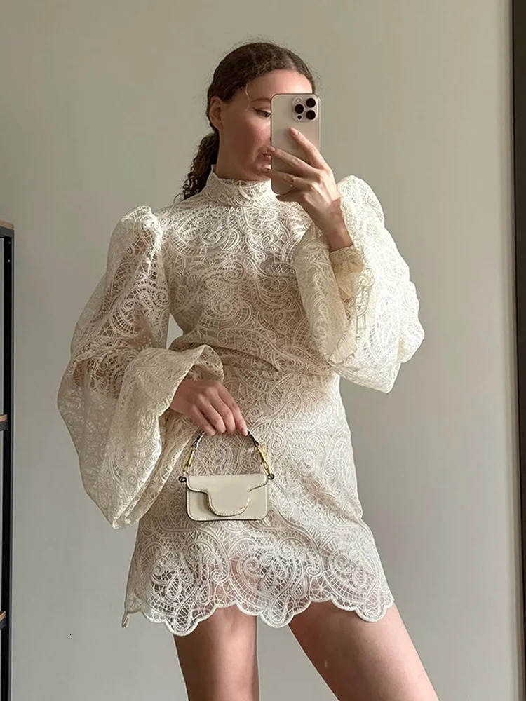 White Lace Dresses Elegant Solid Flared Sleeve High Neck Slim Pleat Mini Women Dress 2026 Fashion Club Evening Party Robes 260624