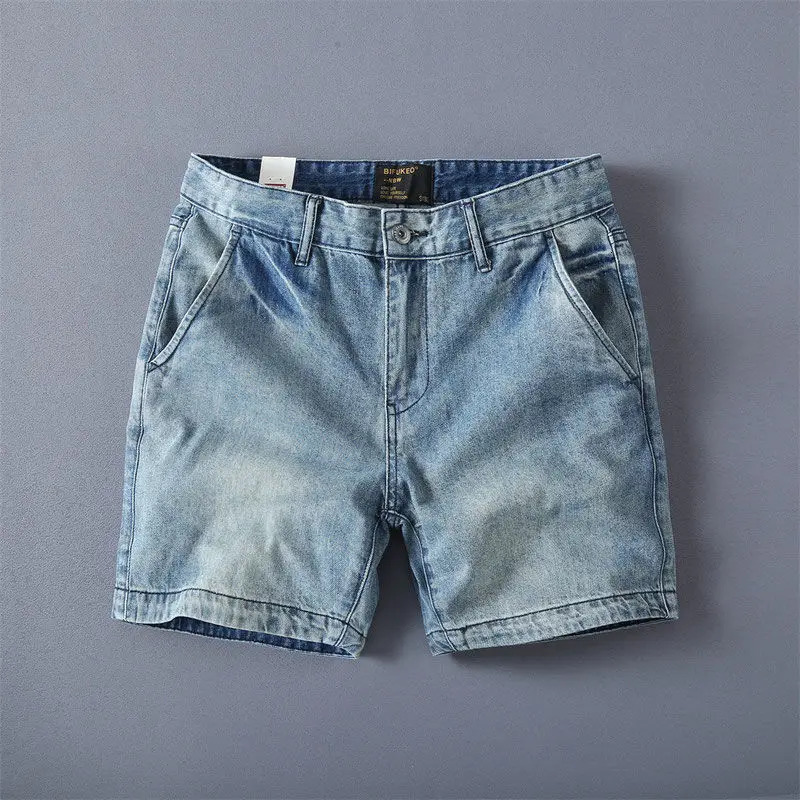Mens Denim Shorts Vintage Style Washed Straight Fit Denim Shorts Summer Trendy Korean Casual Pants for Men Short Pants 260624