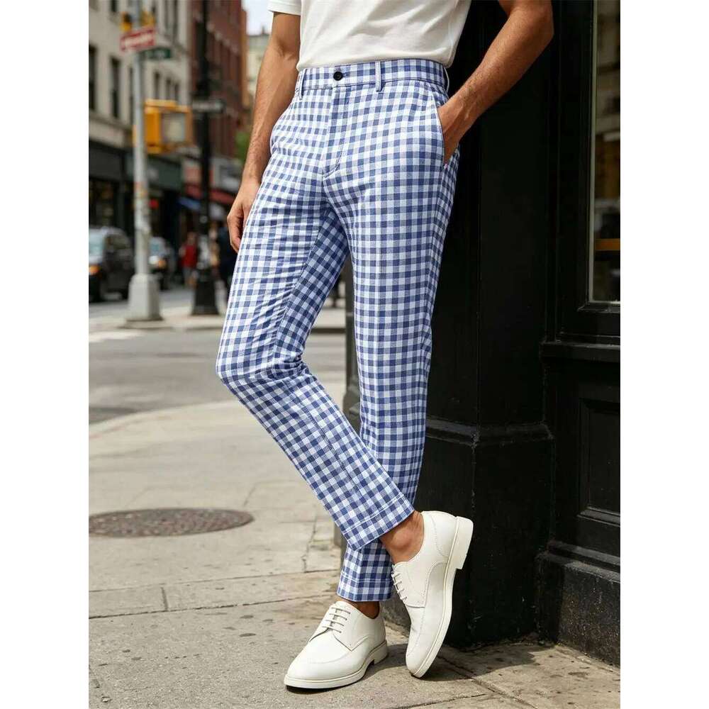 Men's Plaid Dress Slim Fit Business Casual Trousers Blue White Checkered Formal Suit Pants For Wedding Party Streetwear W260624