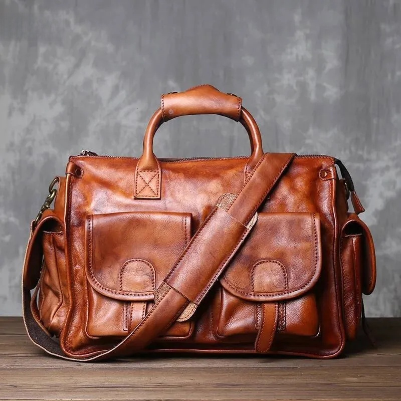 JLFGPJ Pure Hand Polished Vintage Handbag Top Layer Plant Tanned Cowhide Casual Crossbody Men's Genuine Leather Computer Bag A195