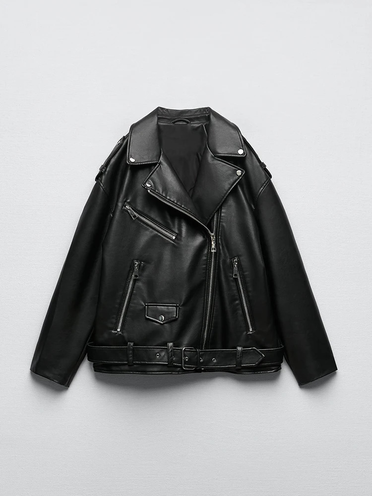 Ailegogo Women Loose Motorcycle Biker Black Pu Faux Leather Jacket with Belt Spring Autumn Female Zipper Coat Outwear 260617