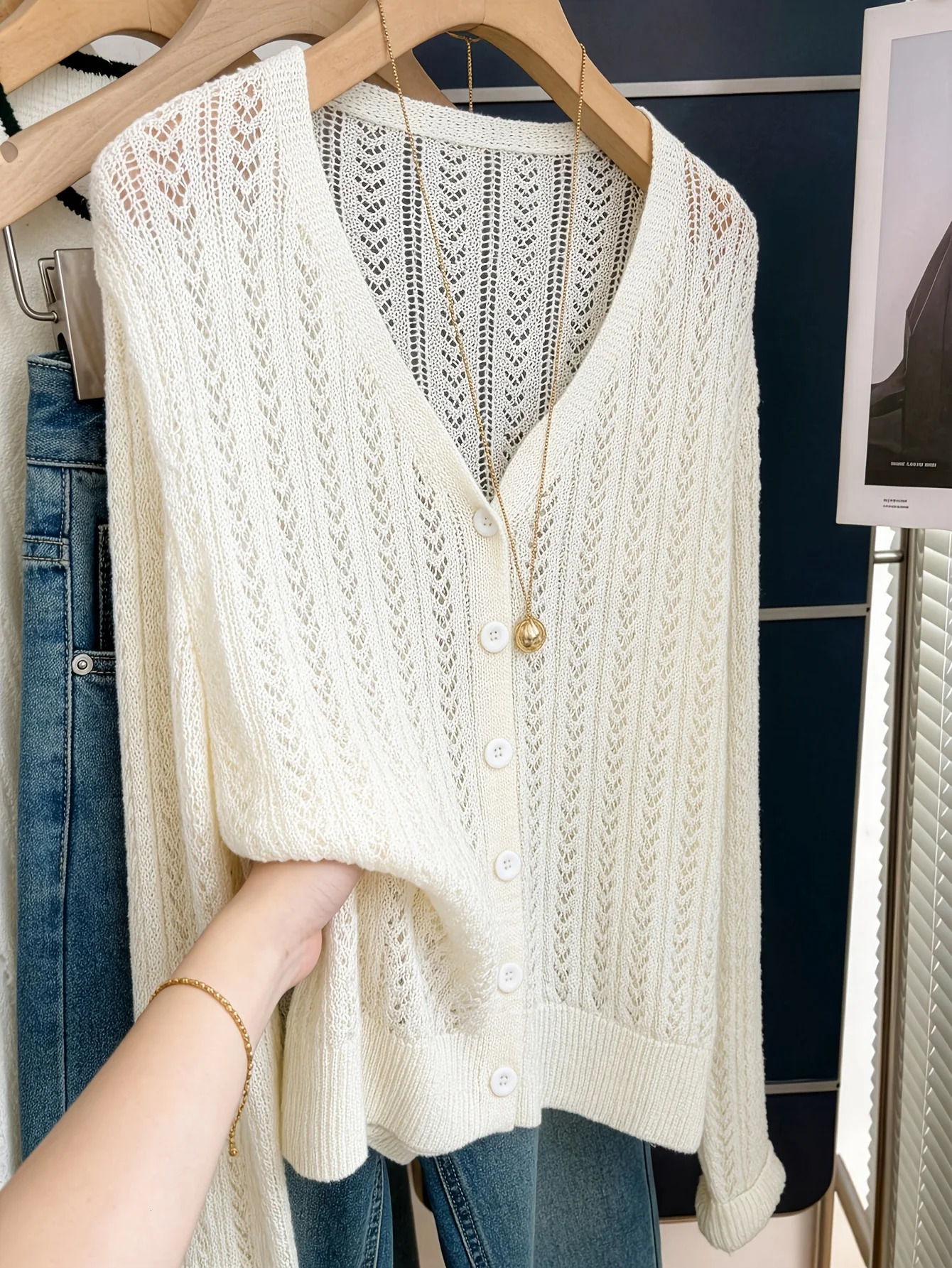 Womens VNeck Long Sleeve Hollow Out Knit Cardigan Spring Summer Solid Color Minimalist Air Conditioning Cover Up Retro Casua 260623