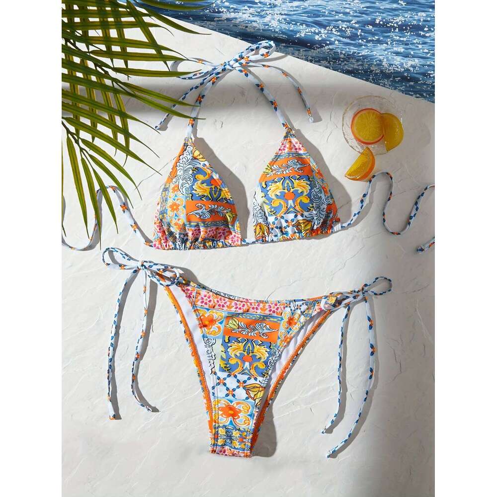 2025 Summer New Retro Contrasting Set Bikini Seaside Surf Vacation W260624