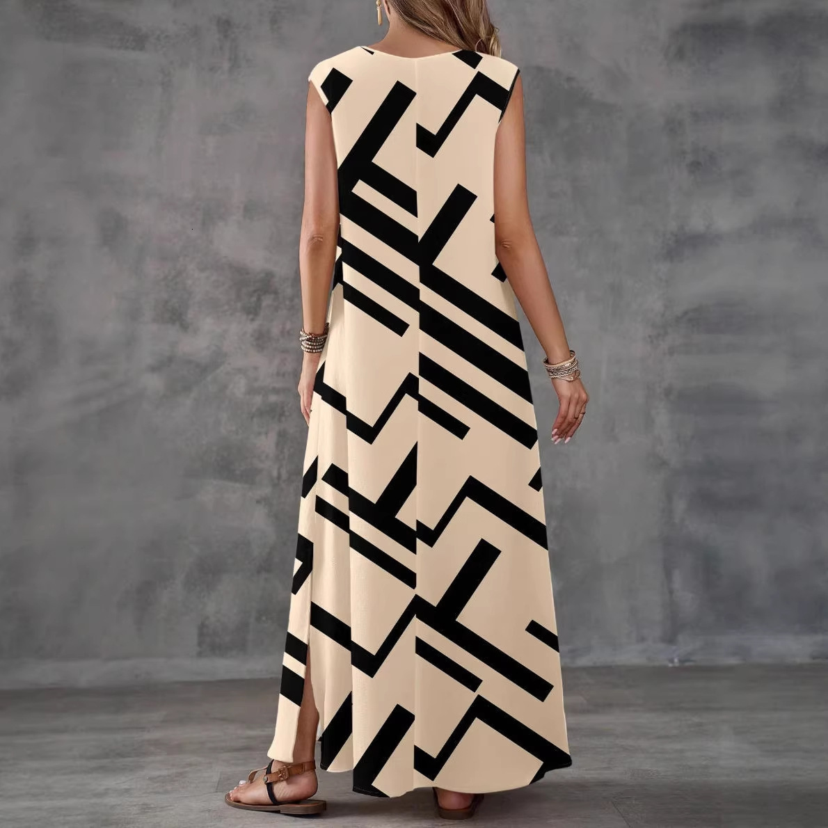 Deep V-Neck Casual Dress, Womens Sexy Floor-Length Tie-Dye Maxi Shirt Dress with Cap-Sleeve Style, Geometric Print, Dropped Waist, Split Detail, Bei