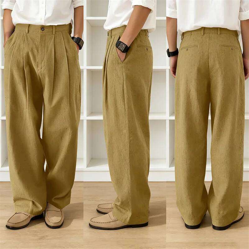 Men's Loose Pleated Wide Leg Breathable Linen Blend Trousers Casual Business Suit Pants Summer Streetwear Daily Wear W260624