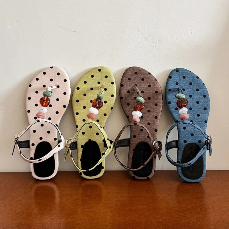 Women Polka Dot Clip Toe Sandals Summer Bohemian Ankle Strap Flats Shoes Comfort Vacation Daily Wear Dress Sandalias Mujer 260624