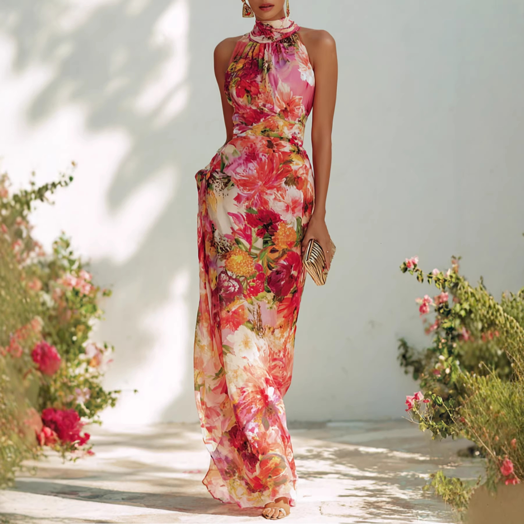 2026 New Spring/Summer French Elegant Floral Halter Neck Sleeveless Slim Fit Chiffon Dress