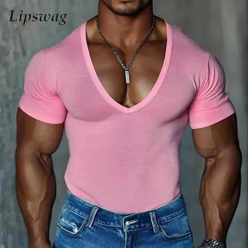 Vintage V Neck T Shirts For Mens Summer Trendy Slim Fit Stretch Short Sleeve T-shirt Men Daily Casual Solid Color Breathable Tee 260624