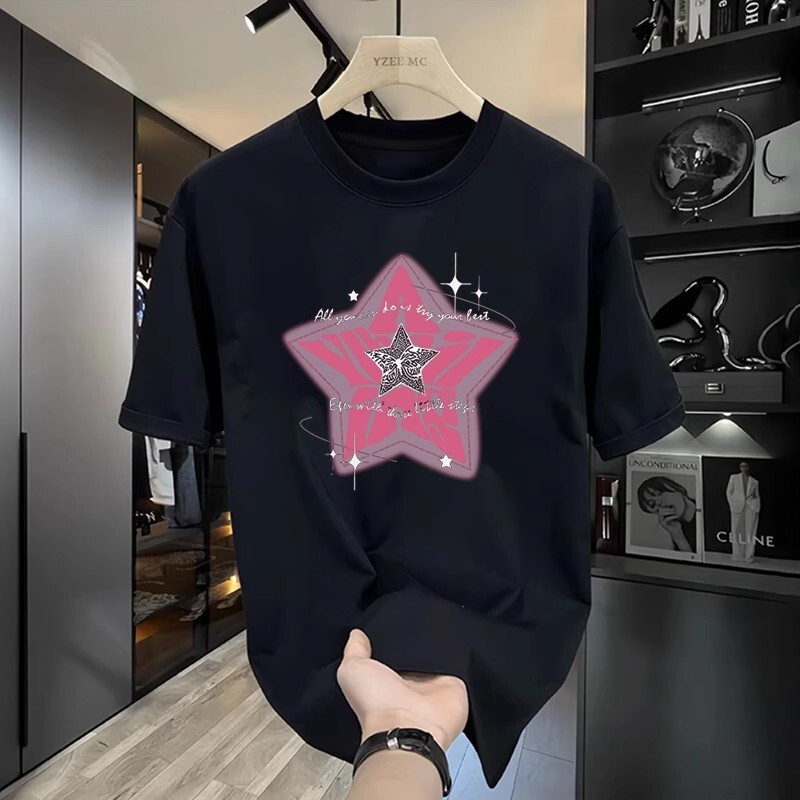 Camiseta con cuello redondo para hombre Camiseta de algodón puro con estampado de logotipo pequeño para hombre Camiseta holgada de manga corta unise