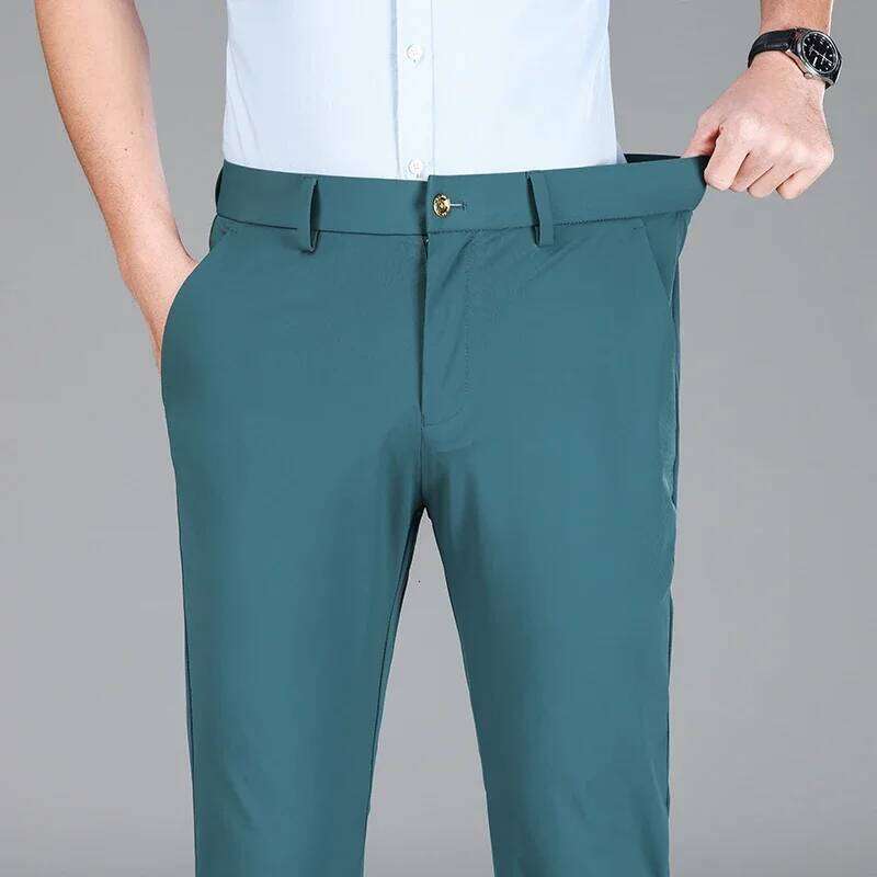 Pantaloni da abito da lavoro ad alta elasticità in seta di ghiaccio da uomo nuovi estivi Pantaloni formali dritti da ufficio elastici blu verde mili