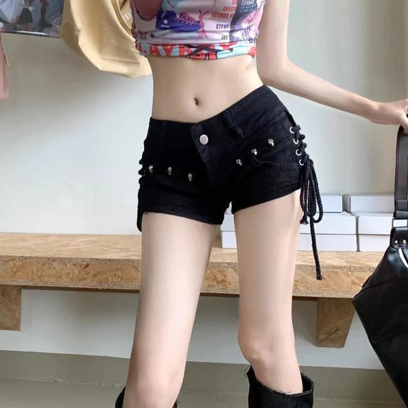 Black Gothic Punk Denim Shorts for Women Creativity LaceUp Y2K Cowboy Short Pants Lady Sexy Skinny Elastic Jean 260623