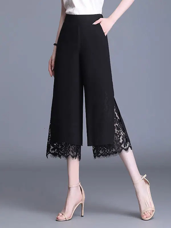 Summer Thin Chiffon Wide Leg Pants Womens Lace Splice Seven-Foot High Waist Loose Pants Dra Sensation Slimming Effect 260622