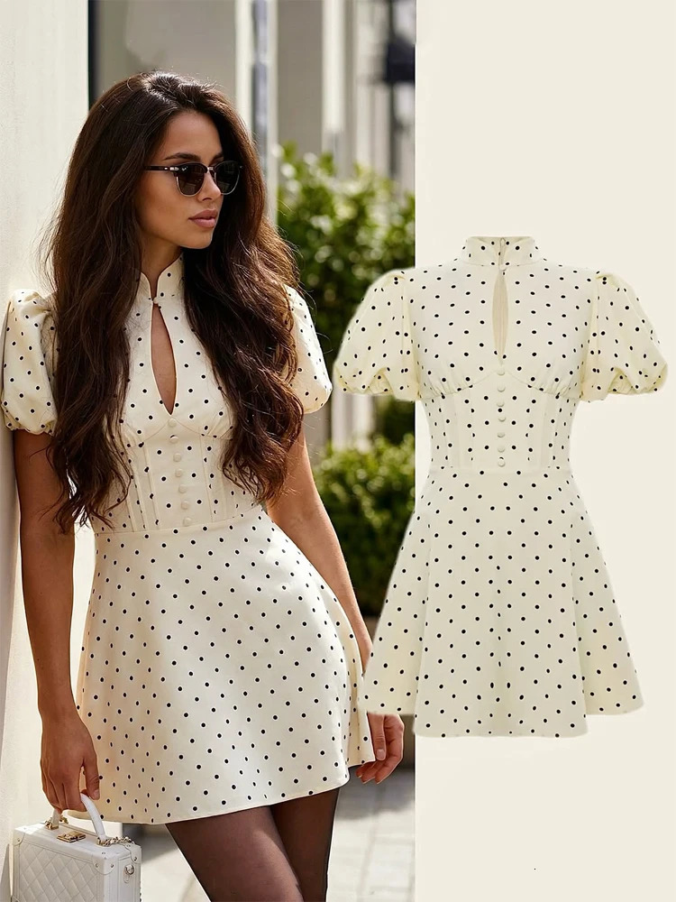 Retro Polka Dot Mini A-line Dress Elegant Stand Collar Puff Short Sleeve Waist-cinching Dresses 2026 Lady Party Gowns 260623