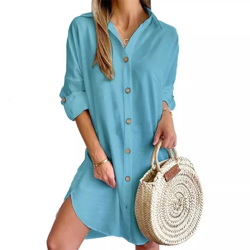 Abito a camicia con bottoni sul davanti in tinta unita Abito casual a maniche lunghe con risvolto per abbigliamento da donna primavera autunno260601