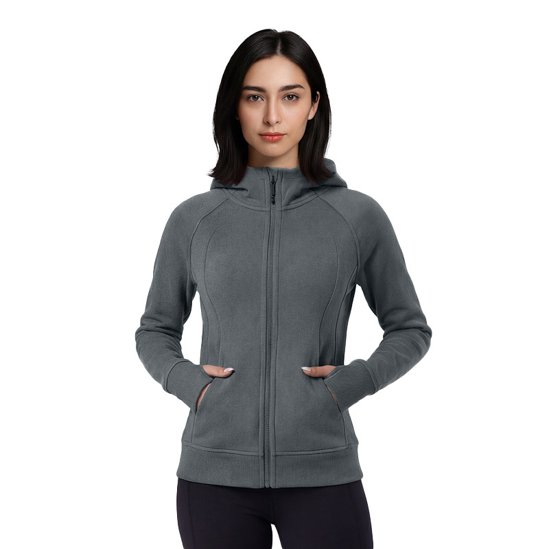 fall winter women fleece lined hoodie yoga jacket slim figure flattering long sleeve hooded sweatshirt fashion casual warm athletic fitness workout