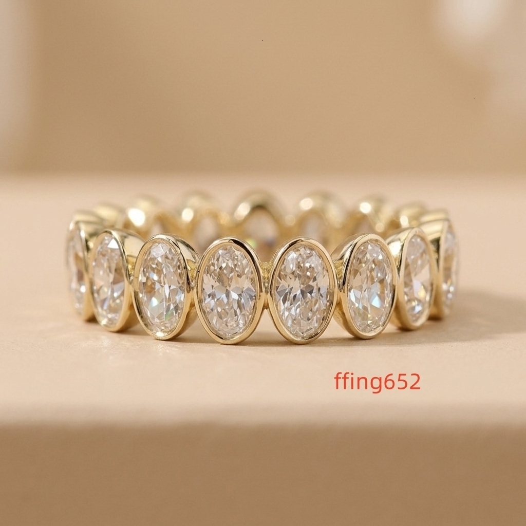 Luxury Oval Cut Cubic Moissanite Eternity Ring Gold Tone Full Paved Stacking Band for Women Engagement Jewelry