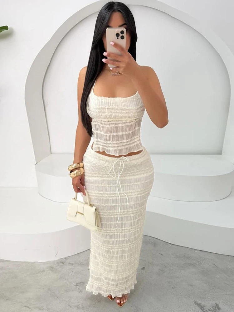 Weird Puss Mesh Backless 2 Piece Set Women Halter LaceUp See Through Crop TopsLoose Elegant Long Skirts Vacation Trend Outfits 260623