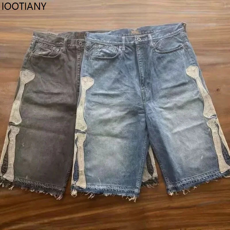 Y2k Retro Harajuku Denim Shorts Womens Washed Patchwork Tassel American Retro Jeans Mens Loose Hip-hop Bone Denim Shorts 260617