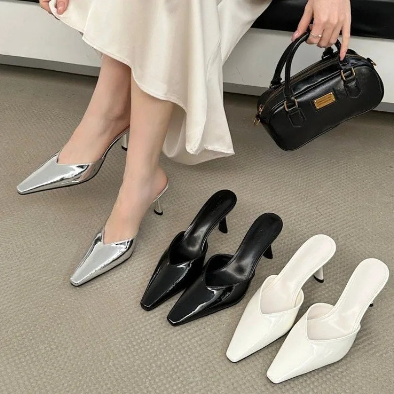 Elegant French-style high-heeled slippers summer arrivals European pointed-toe folded-edge half-heeled slippers 260624