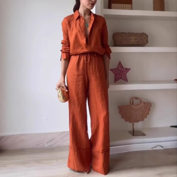 Women Solid Color Shirt With Pockets And Casual Tie Up Pants Set Two Piece Spring Summer Loose Fit MAKOUFEI