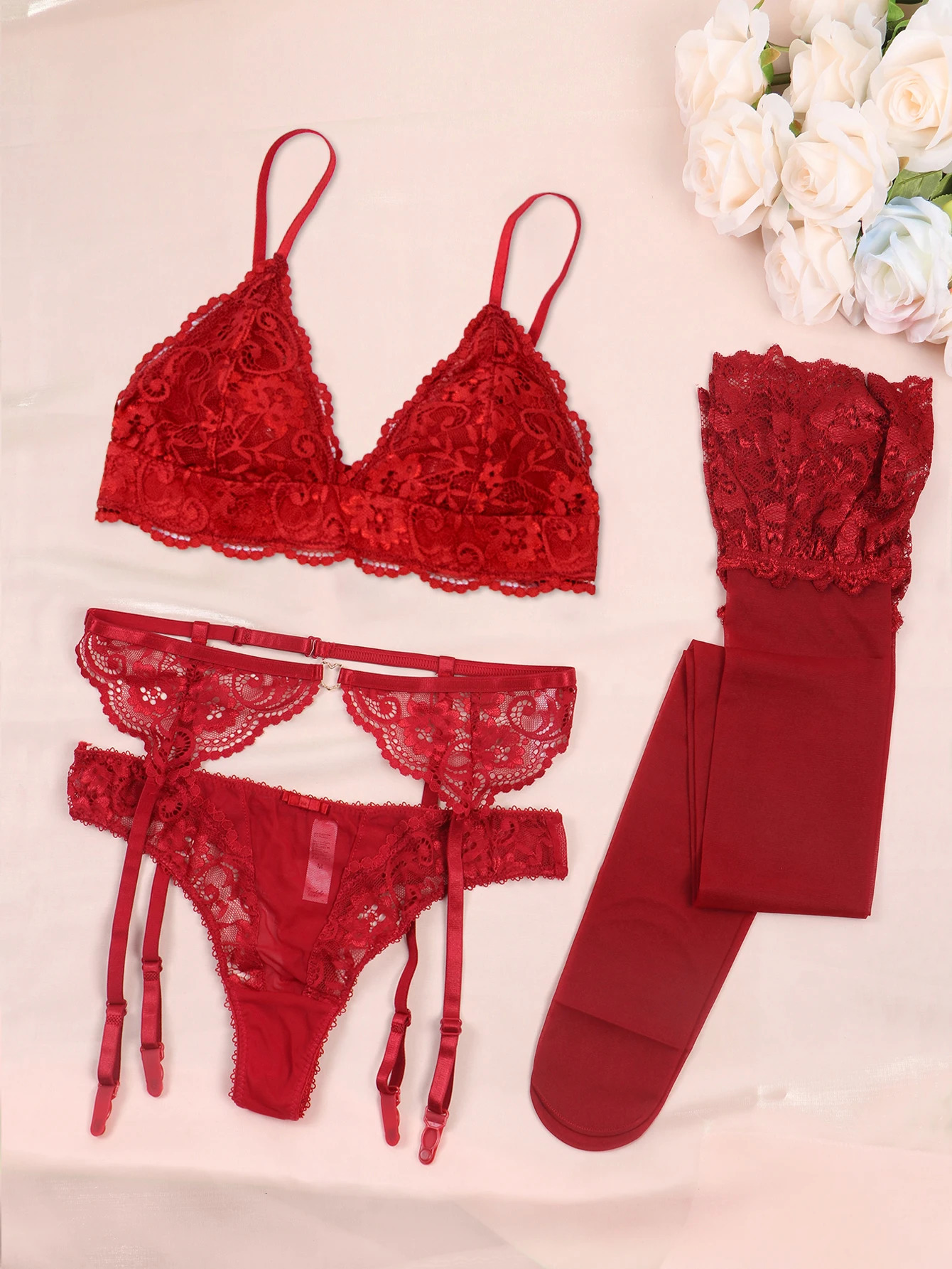 Varsbaby Lace Bra Sets for Women Non-padded Bra Panty Garter Stockings Summer Underwear Lingerie Sexy 260624