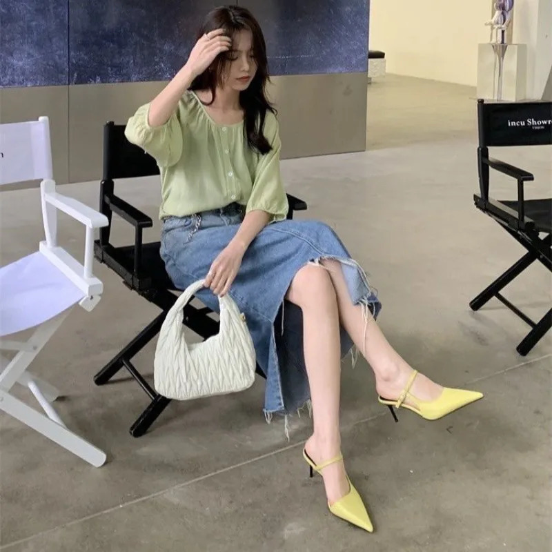 Women Pointed Toe Slippers Mid Heels Fashion Elegant Mules Shoes Summer Dress Sexy Woman Sandals Trend Womens Pumps 260624