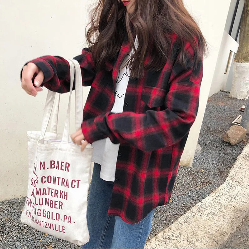 Plaid shirt womens retro long-sleeved top with loose and thin coat cotton and linen shirt womens blouses deals 260623