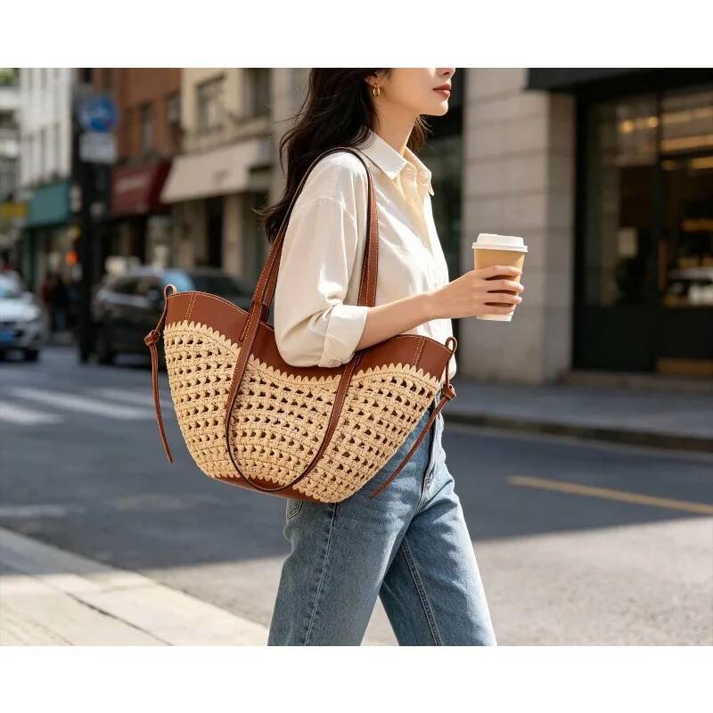 2026 New Woven Tote Fashion Casual Simple Large Capacity Mommy Beach Storage Shoulder Bag
