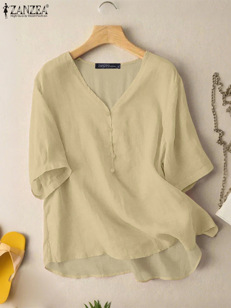 ZANZEA Women Vintage Blouses Summer Casual VNeck Half Sleeve HighLow Blusas Mujer Comfort Weekend Solid Color Tunic Tops 260623