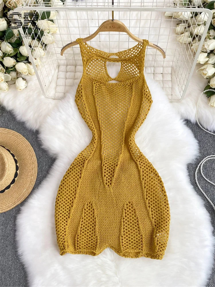 SINGREINY Yellow Sleeveless Jumpsuit Women Hollow Out O Neck Elegant Stretch Transparent Ladies Casual Summer Slim Rompers 260624
