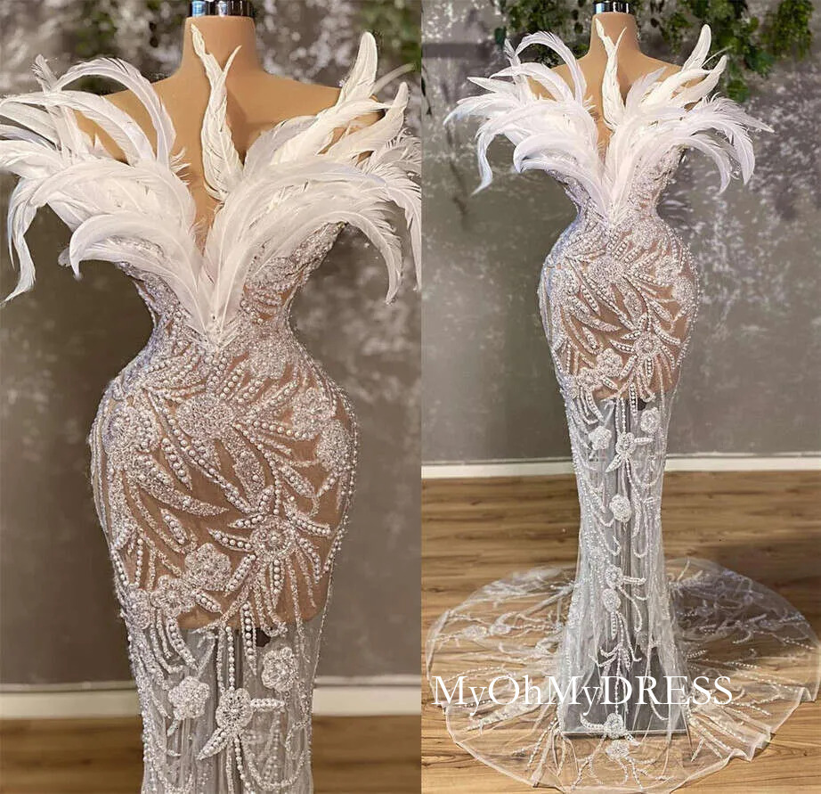 Plus Size Arabic Aso Ebi Mermaid Wedding Dress Sparkly Beaded Crystals Bridal Gowns Y624