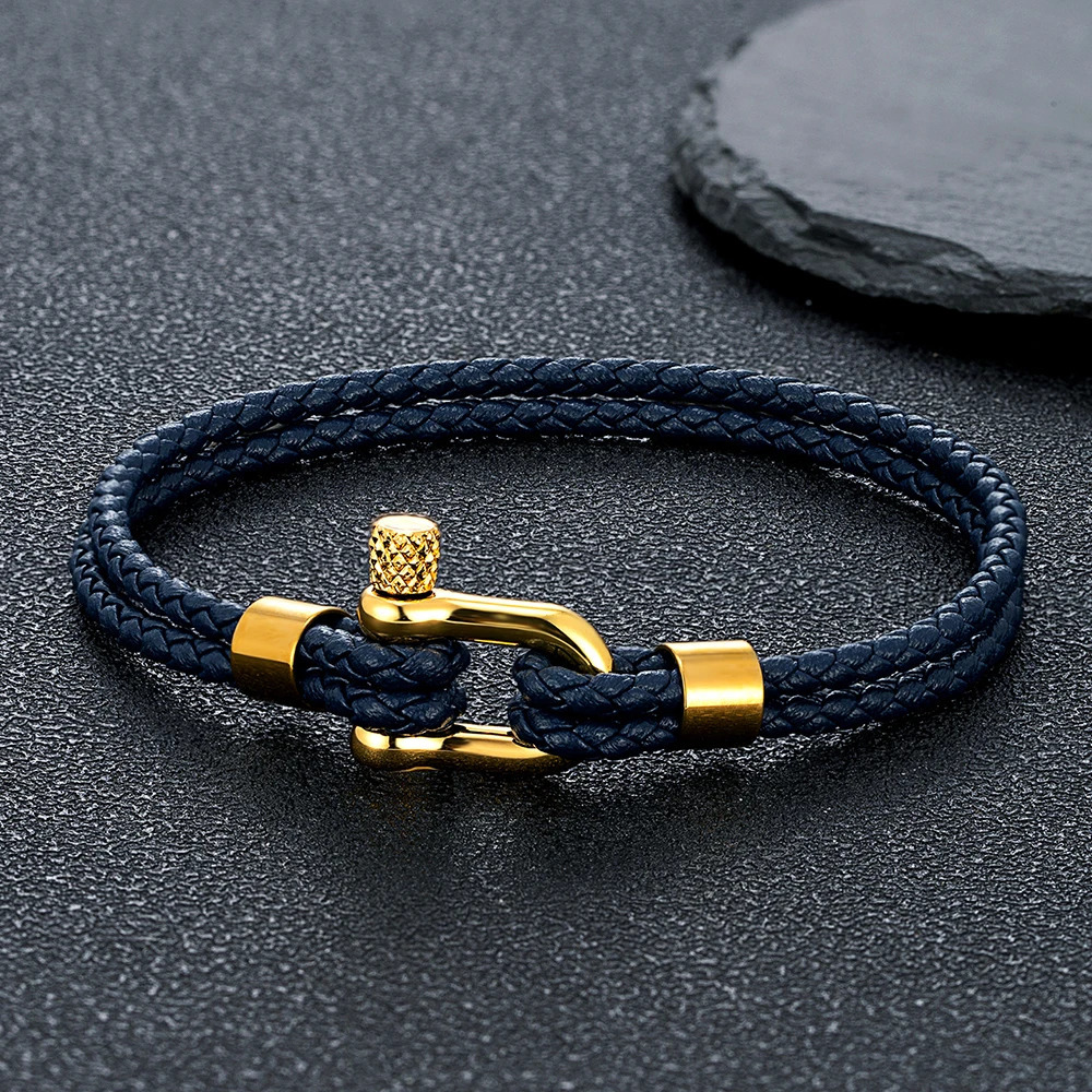 MKENDN Gold Plated Stainless Steel Shackle Bracelet Men Women Simple Double Layer Braided Blue Leather Bracelets Handmade Gifts260624