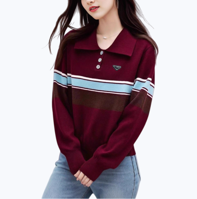 Womens 2026 Knitted Striped Sweater Polo neck Pullover Spring Fashion Loose Elegant Warm Young Women Sweater Blouses