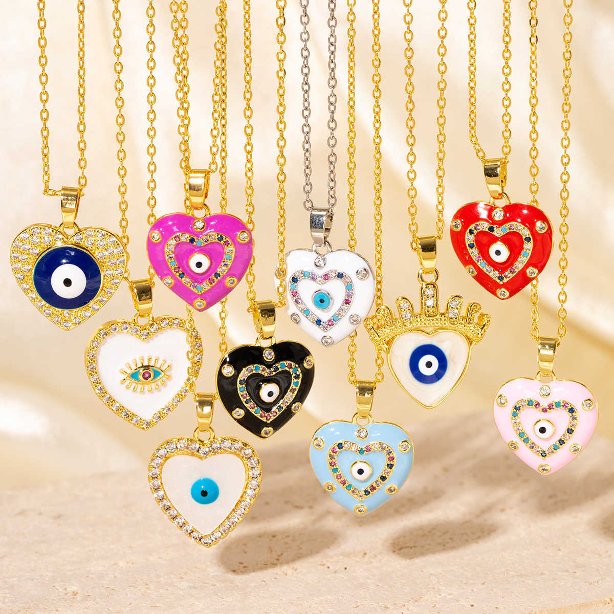 Gold Toned Heart Shaped Evil Eye Pendant Necklace With Rhinestone Trim And White Enamel Delicate Daily u0026 Lovely Jewelry Gift For Her Fashionabl