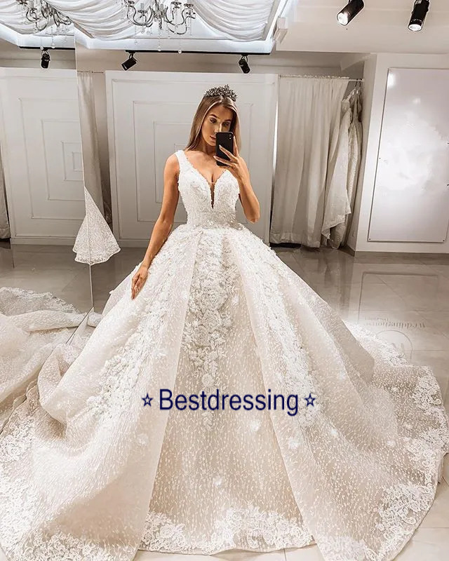 Sequins Bling Lace Ball Gown Dresses V Neck Cathedral Train Wedding Bridal Gowns Robe De Mariee Bd624